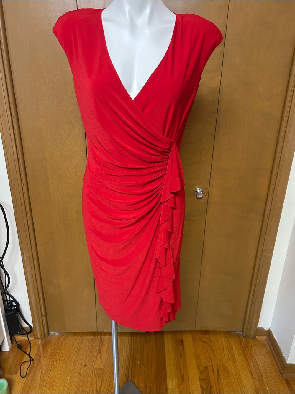 Cap-Sleeve Red Ruched Wrap Midi Dress with Cascade Ruffle